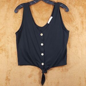 ELODIE Top Womens Medium Black Pullover Sleeveless Ribbed Tank Tie Front Stretch